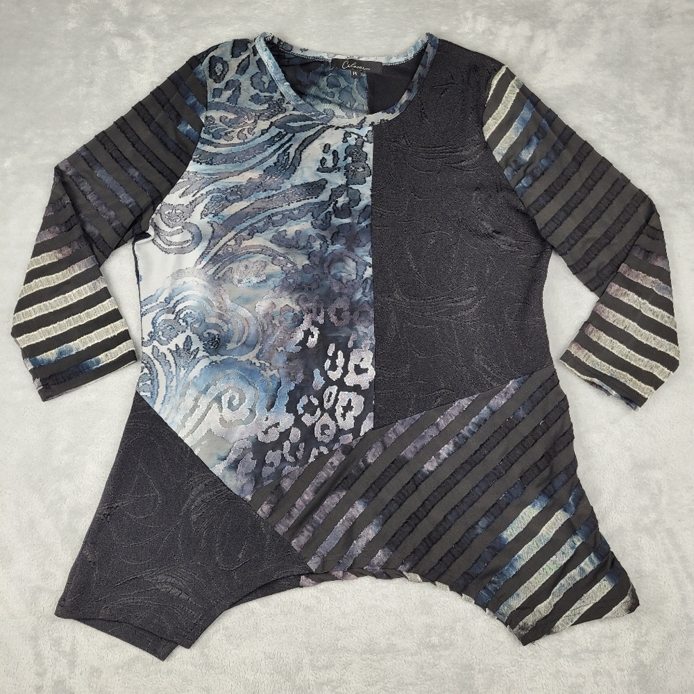 Calessa Womens Top Blouse Assymetrical Artsy Stretch Petite Size Large PL